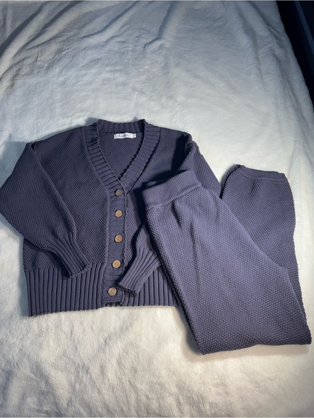 Antaress Cozy V-Neck Button Cardigan and Knit Pants Set - Slate Blue Size Small